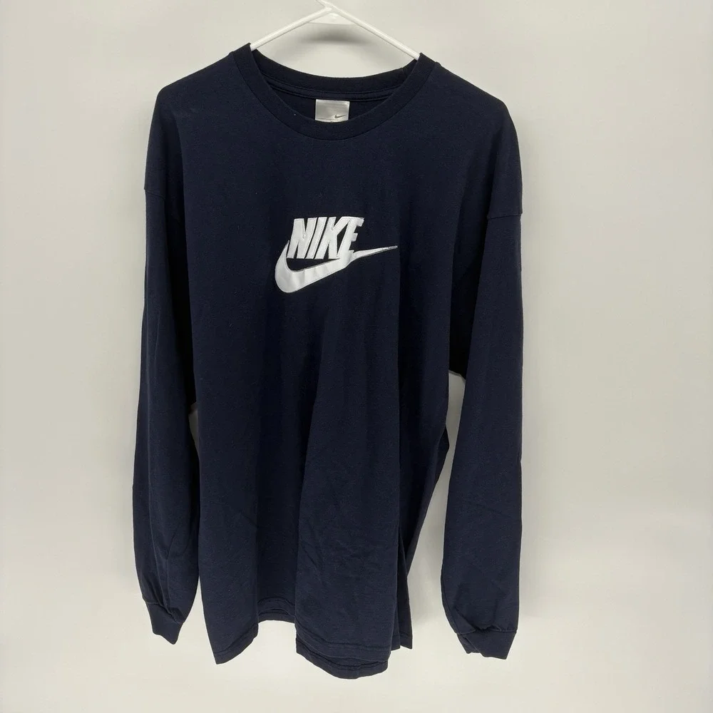 Vintage Nike Blue‎ Long Sleeve Shirt Puff Print Embossed Embroidery Men XL